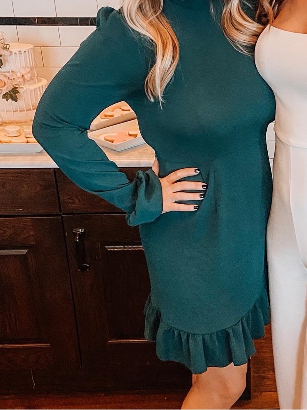 Long Sleeve Ruffle-Hem Dress in Green